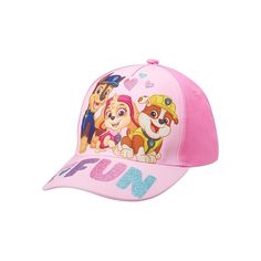 a pink hat with paw patrol characters on the front and back, featuring two puppies