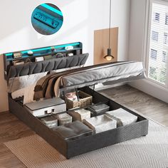 a bed with drawers underneath it in a room