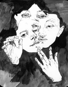 a black and white drawing of a woman holding her hands up to her face with one hand