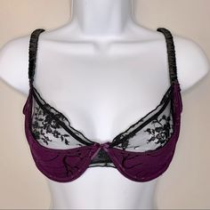 Oh La La Cheri Emilie Deep Purple And Black Bra With Textured Mesh, Lace And Satin. Nylon/Spandex From A Smoke And Cat Free Home. Elegant Partially Lined Purple Bra, Fitted Purple Bra With Lace Trim, Elegant Purple Bra With Lace Trim, Purple Underwire Bra Partially Lined, Purple Partially Lined Underwire Bra, Fitted Purple Bra Partially Lined, Fitted Partially Lined Purple Bra, Purple Underwire Bra For Party, Purple Underwire Bra For Night Out