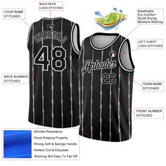 the front and back of a black basketball jersey with information detailing it's details