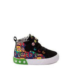 children's black and green sneakers with mickey mouse print on the upper, side view