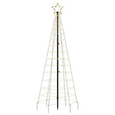 a tall metal christmas tree with lights on it's sides and a star hanging from the top