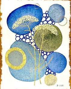 an abstract painting with blue and green circles, dots, and flowers on white paper