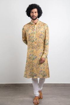 Shop for Arjan Dugal Yellow Modal Silk Printed Kurta Set for Men Online at Aza Fashions Chintz Print, Silk Kurta Set, Floral Digital Print, Floral Chintz, Kurta Set For Men, Silk Kurta, Churidar, Kurta Set, Designer Gowns