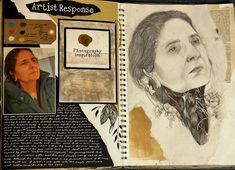 an open book with pictures and writing on it, including a woman's face