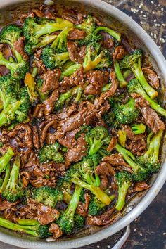 beef and broccoli stir fry in a skillet