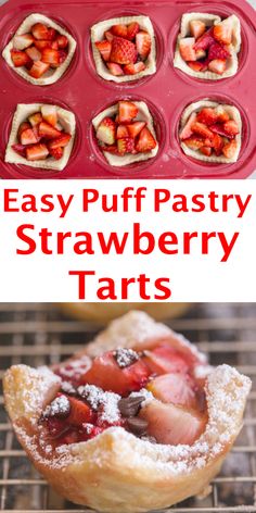 easy puff pastry strawberry tarts with powdered sugar on top