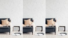 three pictures of a couch with pillows on it and a rug in front of them