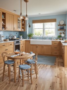 a kitchen with blue walls and wooden flooring has an island table surrounded by chairs