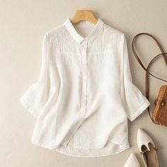 Olivia Mark - Vintage Loose-Fit Casual Shirt with Embroidered Collar in Solid Color Cotton Linen Fabric Blouses Vintage, Cotton Crop Top, Lace Wrap, Embroidered Collars, Lace Cutout, Button Style, Linen Style, Cotton Linen Fabric, Casual Shirt