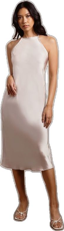 Glamorous Satin Halter Neck Slip Dress, Sleek Satin Halter Dress, Sleek Satin Dress With Subtle Sheen, Sleeveless Dress With Subtle Sheen For Party, Sleeveless Party Dress With Subtle Sheen, Evening Dresses With Subtle Sheen, Satin Party Dress With Subtle Sheen, Party Satin Dress With Subtle Sheen, Satin Dress With Subtle Sheen For Party