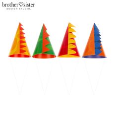 five party hats with different colors and shapes on top of each other, all lined up in a row