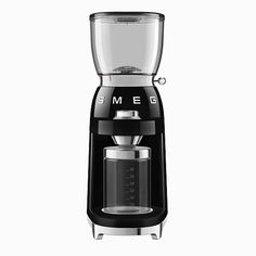 a black and silver coffee maker on a white background with the words smeg above it