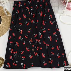 Fisdy - Womens Plus Size A-Line Skirt with Elastic Waist and Cherry Print Button Accents Plus Size Cute, Button Decor, Cute Skirt, Cherry Print, Cute Skirts, Skirt Black, A Line Skirt, A Line Skirts, Black Floral