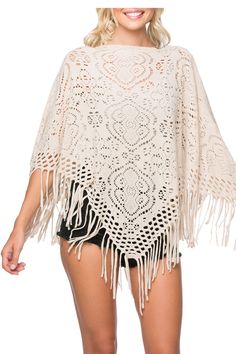 It is the perfect layer over nearly everything in your closet piece. We love the open lace effect knit pattern with cute fringe edge finish. This poncho will layer over nearly everything in your closet. One size fits most Easy Fit 100% soft hand acrylic knit Imported ﻿ALL SALES FINAL