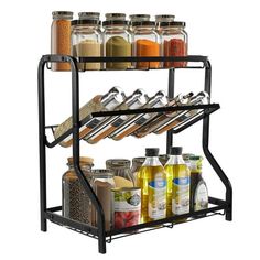 a metal spice rack with spices and condiments on it's sides is shown