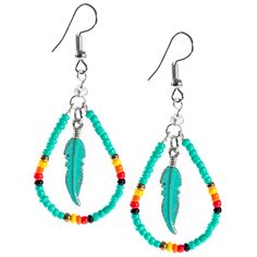 two pairs of earrings with beads and feathers on the dangles, hanging from hooks