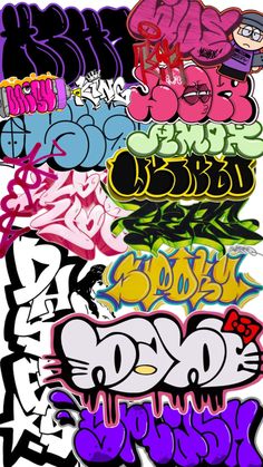 a bunch of graffiti written on the side of a wall in different colors and shapes