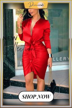 Women Solid Color Dress Popular Summer V-neck Tie Long-sleeved Mid-length Shirt Dress Women Party Dress Vestido Feminino Women Party Dress, Shirt Dress Women, Dress 2022, Solid Color Dress, Color Dress, Women Party, Color Pick, Party Dresses For Women, Ladies Party