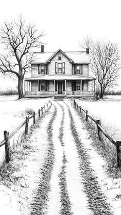 a drawing of a country house in the winter with trees and snow on the ground