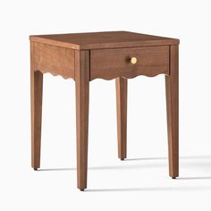 a small wooden table with an open drawer on it's side and one drawer at the top