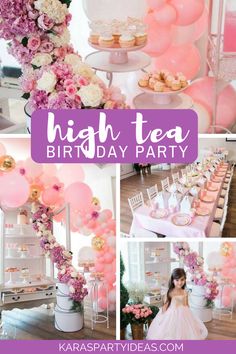 a pink and white birthday party with balloons, flowers and desserts on the table