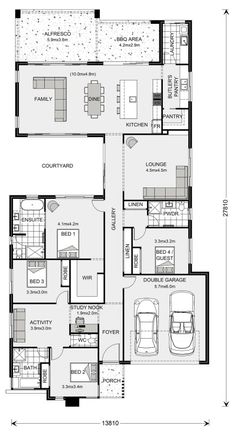 the floor plan for a two story house with three car garages and an attached living area