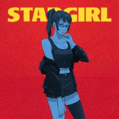 a woman standing in front of a red background with the words stargirl on it