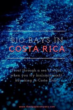 the words bio bays in costaricaa on a dark background with blue and red speckles