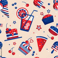 an image of patriotic food and drinks on a pink background with stars, stripes and circles