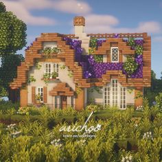 an image of a house in the middle of some bushes and trees with purple flowers on it