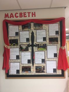 a bulletin board with pictures and information about macbeth's history on it