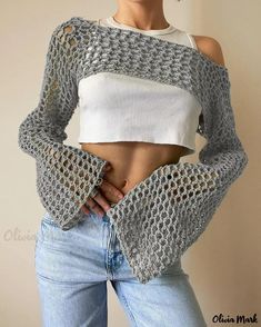 OliviaMark - Chic Hollow Knitted Sweater: Solid Color, Round Neck, Long Sleeves, and Knitted Cardigan Design Hollow Sweater, Cropped Knit Sweater, Long Sleeve Knitted Cardigan, Mesh Blouse, Cropped Pullover, Sweater Collection, Cropped Tops, Knit Crop Top, Knitted Cardigan