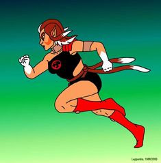 a woman in a costume running while wearing red boots and holding a pair of scissors