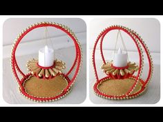 this is an image of a candle holder made out of beads and fabric with two candles in the middle