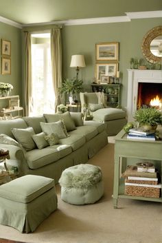 a living room filled with furniture and a fire place in the middle of the room