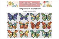 a cross stitch pattern with colorful butterflies on the front and back, in different colors