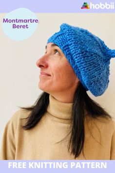 a woman wearing a blue knitted hat with the words free knitting pattern on it