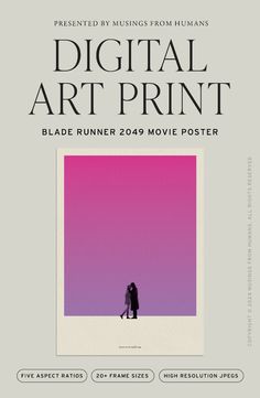 the poster for digital art print, featuring two people walking in front of a pink and purple