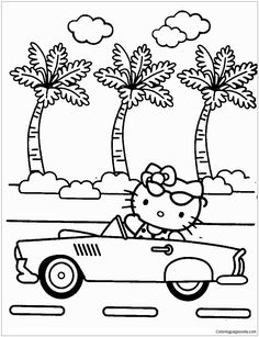 hello kitty driving in a car with palm trees