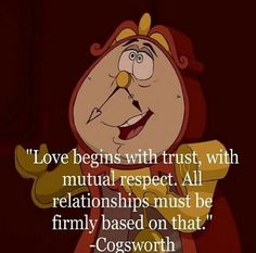 an animated character with a caption that reads love begins with trust, with the actual respect