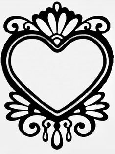 a black and white drawing of a heart with an ornate design on it's side