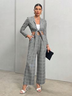 Plaid Print Knot Front Crop Blazer & Pants Grey Elegant  Long Sleeve Woven Fabric Plaid  Non-Stretch  Women Clothing, size features are:Bust: ,Length: ,Sleeve Length: Blazer Court, Blazer Crop, Crop Blazer, Long Sleeve Plaid, Plaid Print, Kids Beachwear, Online Clothing, Suits For Women, Women Clothes Sale