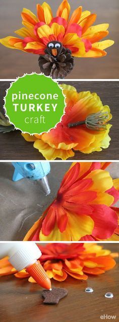 pinecone turkey craft for kids to make with paper flowers and glue on the top