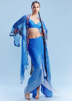 Cornflower blue ombre chiffon contrast embellished cape with an asymmetric skirt and a bustier. Dolly J, Asymmetric Skirt, Boho Life, Stylish Dresses For Girls, Asymmetrical Skirt, Blue Ombre, Cornflower Blue, Set For Women, Blue Fabric