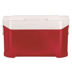 a red and white cooler with the lid closed to show it's side view