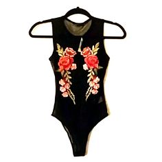 See Through With Flowers Sleeveless Floral Print Bodysuit For Party, Black Red, Black And Red, Flowers, Red, Women Shopping, Black, Color