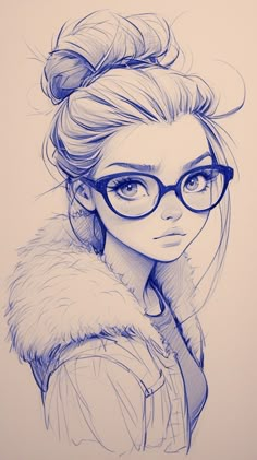 a drawing of a woman wearing glasses and a fur coat with her hair in a bun