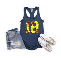 a women's tank top with the number nine on it and two pairs of shorts